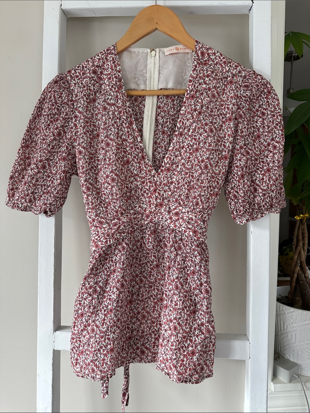Tory Burch Red Keepsake Floral Print Tie Waist Top